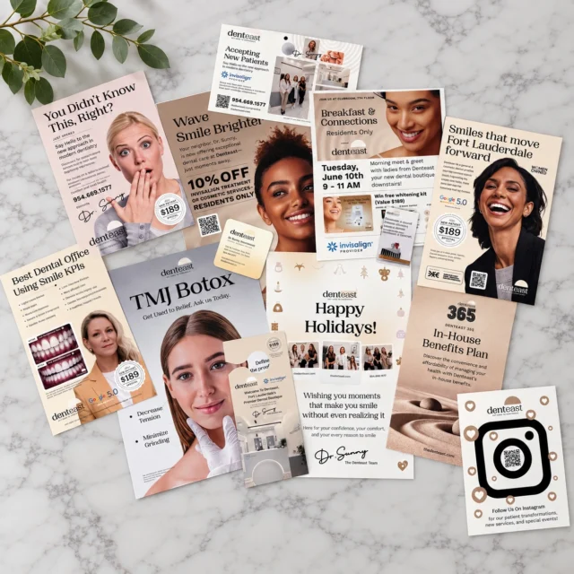 When your dental practice has a whole personality. Different message. Same vibe. Always Denteast. Business cards, flyers, posters, invitatio…
